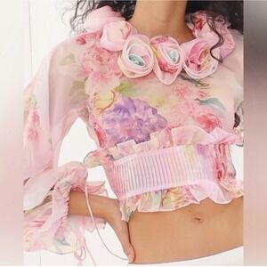 NEW Free People For Love And Lemons Penny Blouse Romantic Rosette Pink Floral XS